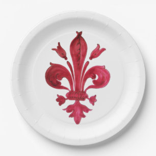 ANTIEK ROOD FLEUR DE LIS IN WITTE Heraldische Bloe Papieren Bordje