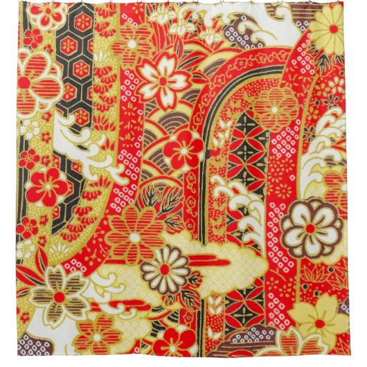 Antiek rood goud japans kimono bloembloem douchegordijn (Voorkant)