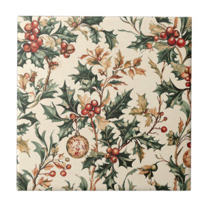 Antiek Rood Groen Hulst Bronzen Ornament Winter Tegeltje