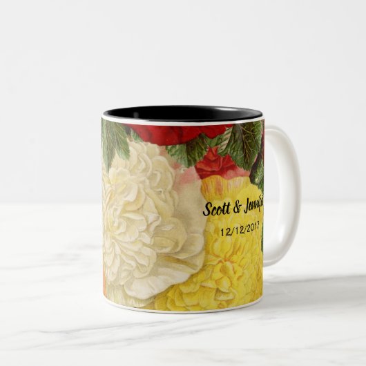 Antiek  Rood Wit Roze Geel Rozen Tweekleurige Koffiemok (Voorkant rechts)