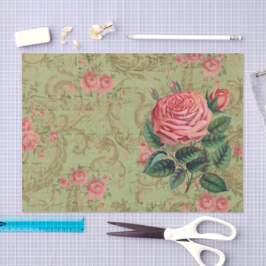 Antiek Roos Decoupage & Tissue Papier Roze & Sage (Craft)