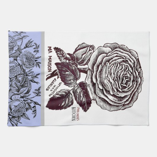 Antiek Roos - Uw keuze voor tekst met periwinkle Theedoek (Horizontaal)