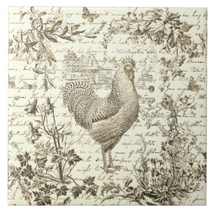 Antiek Rooster Beige Toile Bloemen Script Tegeltje