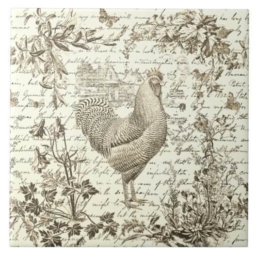 Antiek  Rooster Beige Toile Bloemen Script Tegeltje (Voorkant)