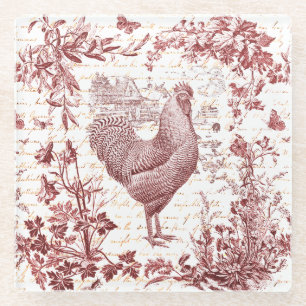 Antiek  Rooster Red Toile Bloemen Script Glazen Onderzetter