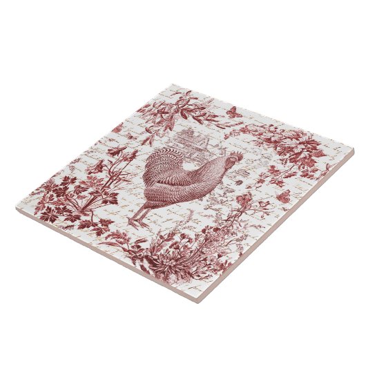 Antiek  Rooster Red Toile Bloemen Script Tegeltje (Zijkant)