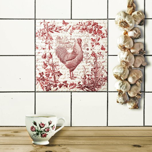 Antiek  Rooster Red Toile Bloemen Script Tegeltje