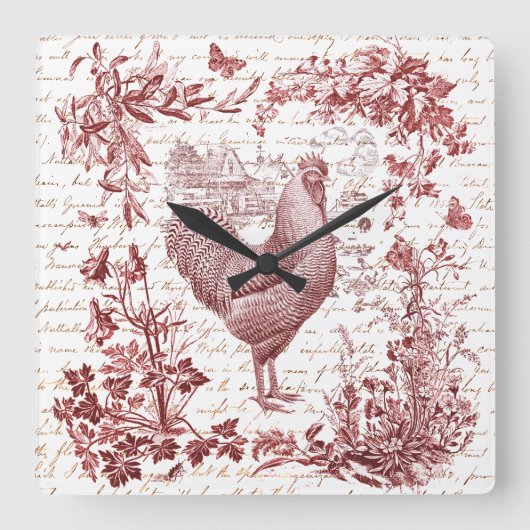 Antiek Rooster Red Toile Bloemen Script Vierkante Klok (Voorkant)