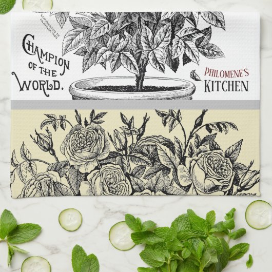 Antiek rosebush - Uw keuze voor tekst Theedoek (Gevouwen)