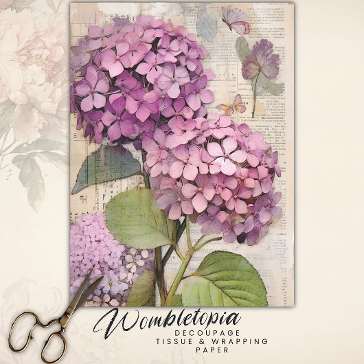 Antiek Roze Hydrangea Ephemera Script Decoupage Tissuepapier