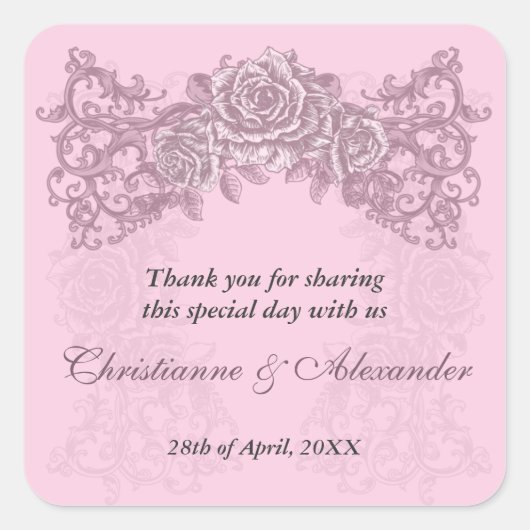 Antiek Roze Rozen Bruiloft Sticker (Voorkant)