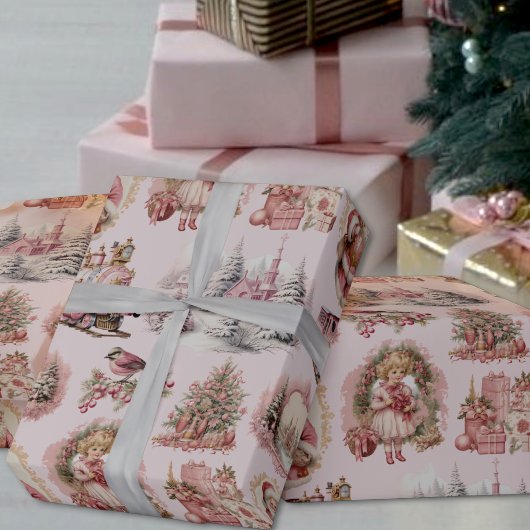 Antiek Roze Victoriaans Kerst Verpakkingsdocument Cadeaupapier