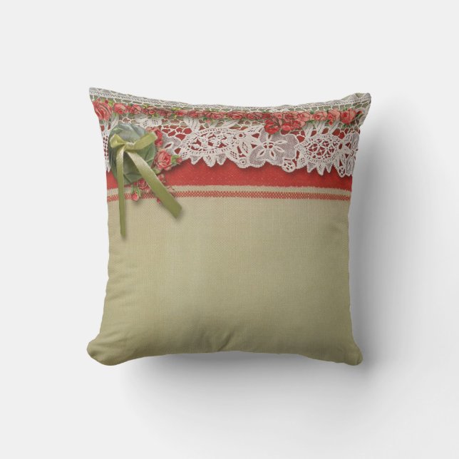 Antiek Rozen kant rustieke rode Victoriaans Burlap Kussen (Voorkant)
