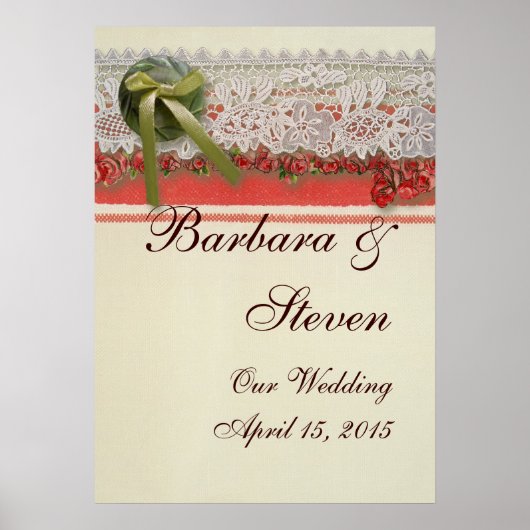 Antiek Rozen kant rustieke rode Victoriaans Burlap Poster (Voorkant)