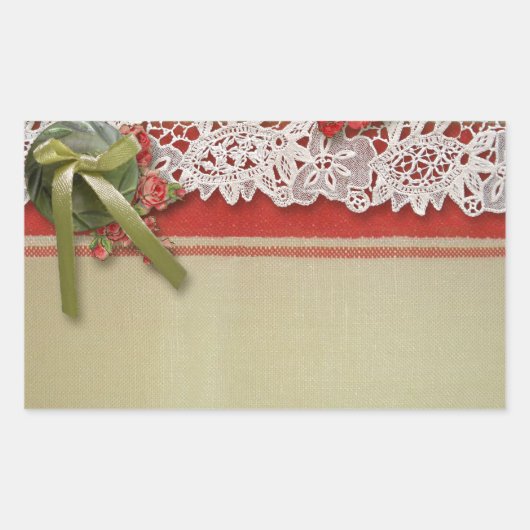 Antiek Rozen kant rustieke rode Victoriaans Burlap Rechthoekige Sticker (Voorkant)