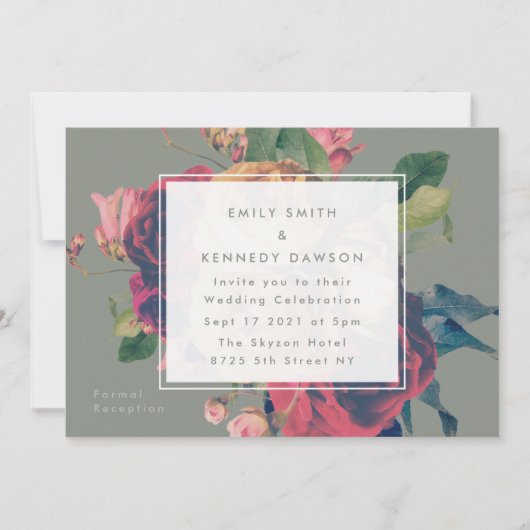 Antiek Rozen  Moss Green Wedding Kaart (Voorkant)