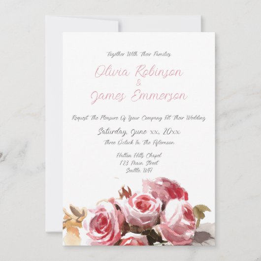 Antiek Rozen Waterverf Roze Bruiloft Kaart (Voorkant)