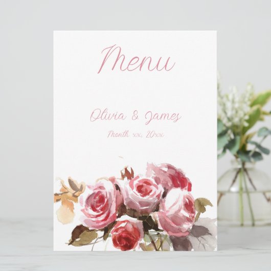 Antiek Rozen Waterverf Roze Bruiloft Receptie Menu (Staand voorkant)