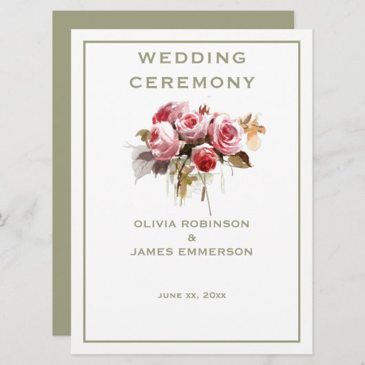 Antiek Rozen Waterverf Rozen Ceremonie Programma (Voorkant / Achterkant)