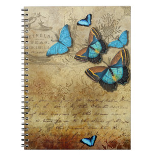 Antiek rustiek decoupage en blauwe vlinders notitieboek