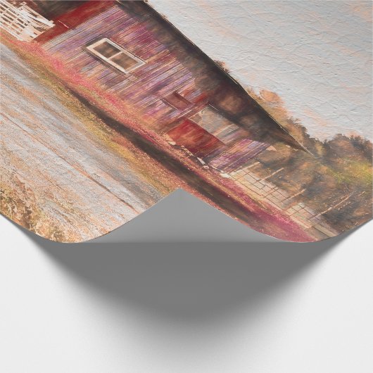 Antiek Rustige textuur Schets Kunst Rood Barn Cadeaupapier (Hoek)