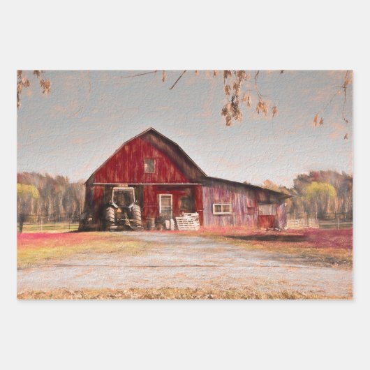 Antiek Rustige textuur Schets Kunst Rood Barn Inpakpapier Vel (Voorkant 3)