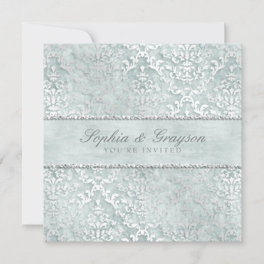 Antiek Sage Glimmer Damask Wedding Invite Kaart (Voorkant)