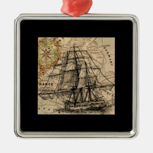 Antiek Schip En Landkaart Metalen Ornament