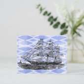 Antiek schip op blauw briefkaart (Staand voorkant)