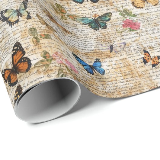 Antiek script &  vlindercollage cadeaupapier (Rol Hoek)