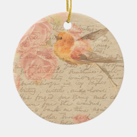  Antiek Shabby Chic Script & Bird Floral Keramisch Ornament (Voorkant)