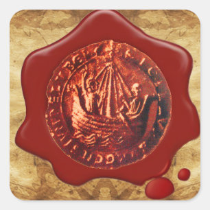 ANTIEK SHIP RED WAX SEAL PARCHCHMENT VIERKANTE STICKER