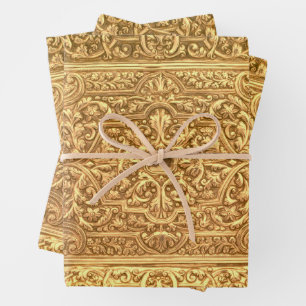 Antiek Sierlijk Gouden Bloempatroon Inpakpapier Vel