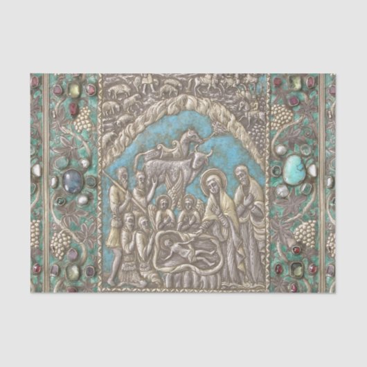Antiek Silver Turquoise Pareltjes Natitivity Scene Tissuepapier (Voorkant)