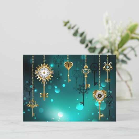 Antiek Skeleton Keys op groene achtergrond Advieskaart (Staand voorkant)