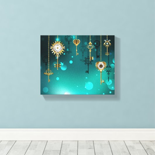 Antiek Skeleton Keys op groene achtergrond Canvas Afdruk (Insitu (Houten vloer))