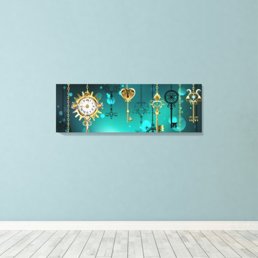 Antiek Skeleton Keys op groene achtergrond Canvas Afdruk (Insitu (Houten vloer))
