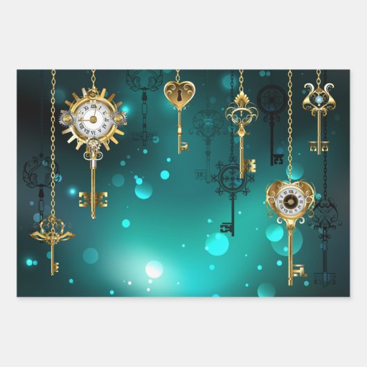 Antiek Skeleton Keys op groene achtergrond Inpakpapier Vel (Voorkant)