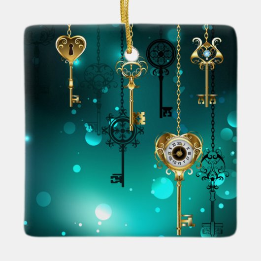 Antiek Skeleton Keys op groene achtergrond Keramisch Ornament (Voorkant)