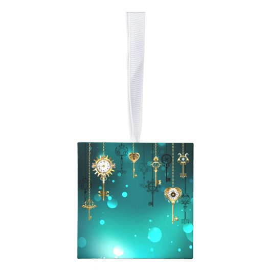 Antiek Skeleton Keys op groene achtergrond Kubus Ornament (Rechts)