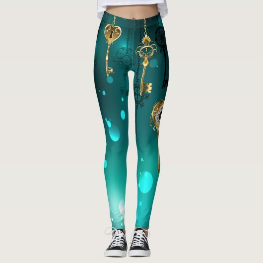 Antiek Skeleton Keys op groene achtergrond Leggings (Voorkant)