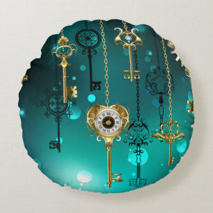 Antiek Skeleton Keys op groene achtergrond Rond Kussen