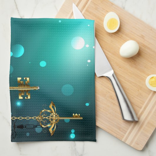 Antiek Skeleton Keys op groene achtergrond Theedoek (Quarter Fold)