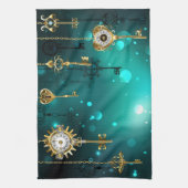 Antiek Skeleton Keys op groene achtergrond Theedoek (Verticaal)