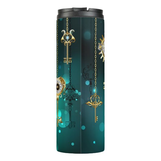 Antiek Skeleton Keys op groene achtergrond Thermosbeker (Achterkant)