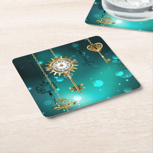 Antiek Skeleton Keys op groene achtergrond Vierkante Kartonnen Onderzetter (Schuin)