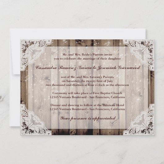 Antiek Sparkle Witte Kant Huwelijksuitnodiging Kaart (Achterkant)