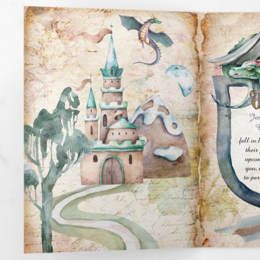 Antiek sprookjesdraak drieluik uitnodiging (Binnenzijde eerst)