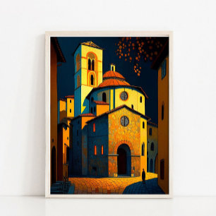 Antiek stadsgezicht olieverfschilderij, vintage ar poster