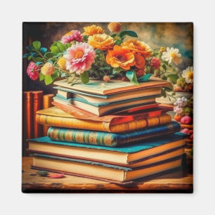 Antiek stapel  boeken en bloemen magneet